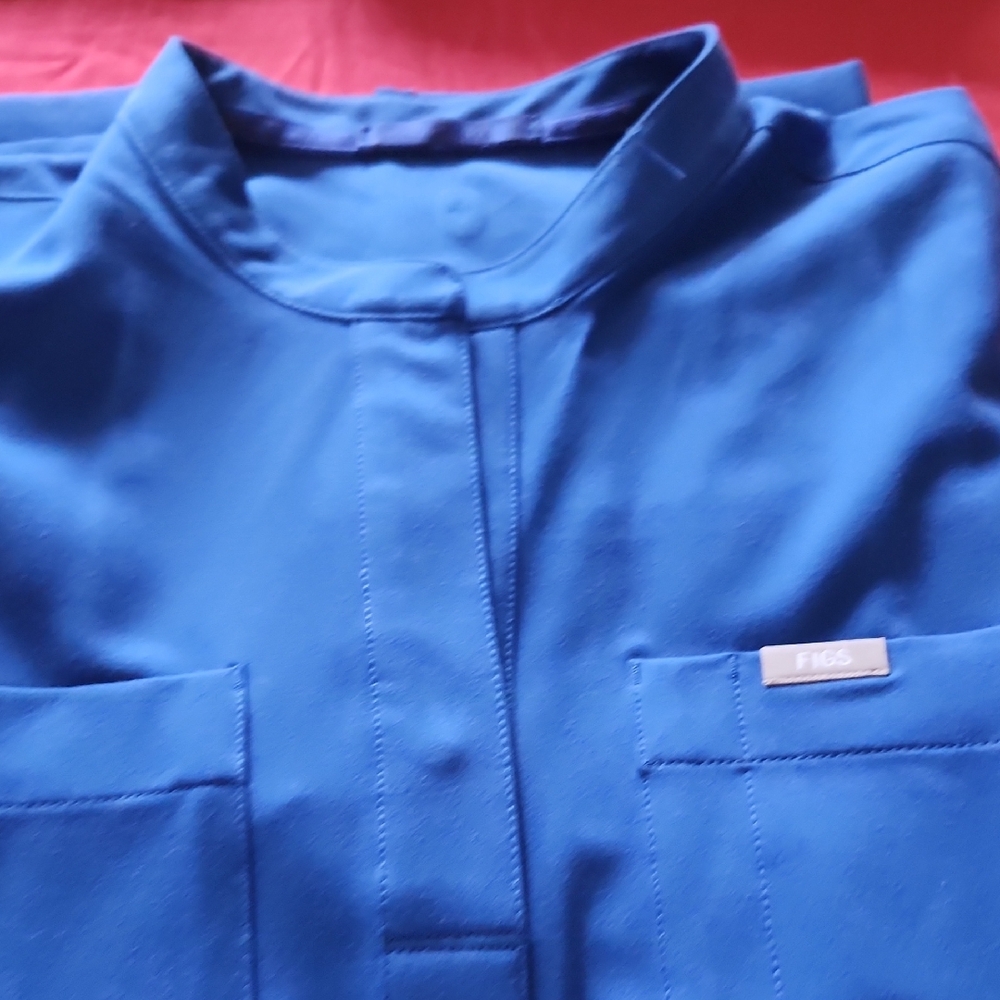 Figs Blue Long Sleeve Button Down Shirt with Mandarin Collar